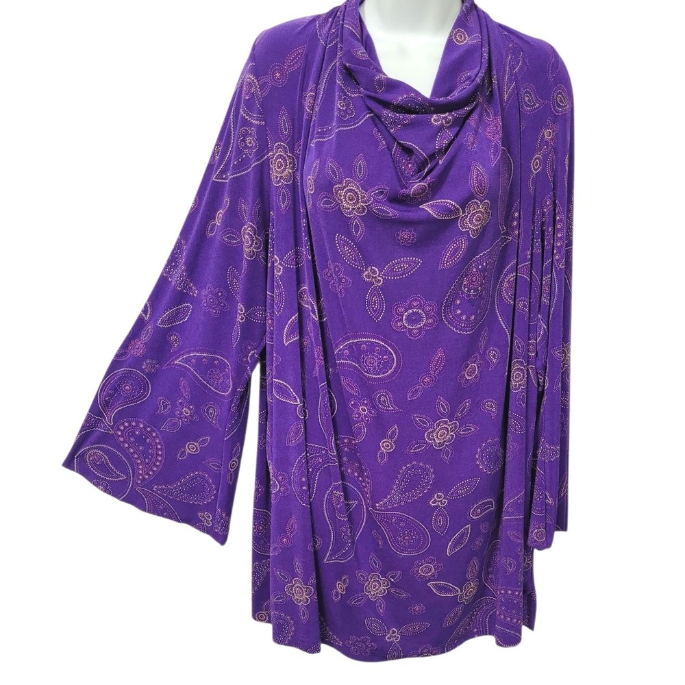 Carolyn Strauss Collection Liquid Knit Tunic Top 3X Purple Paisley Cowl Neck